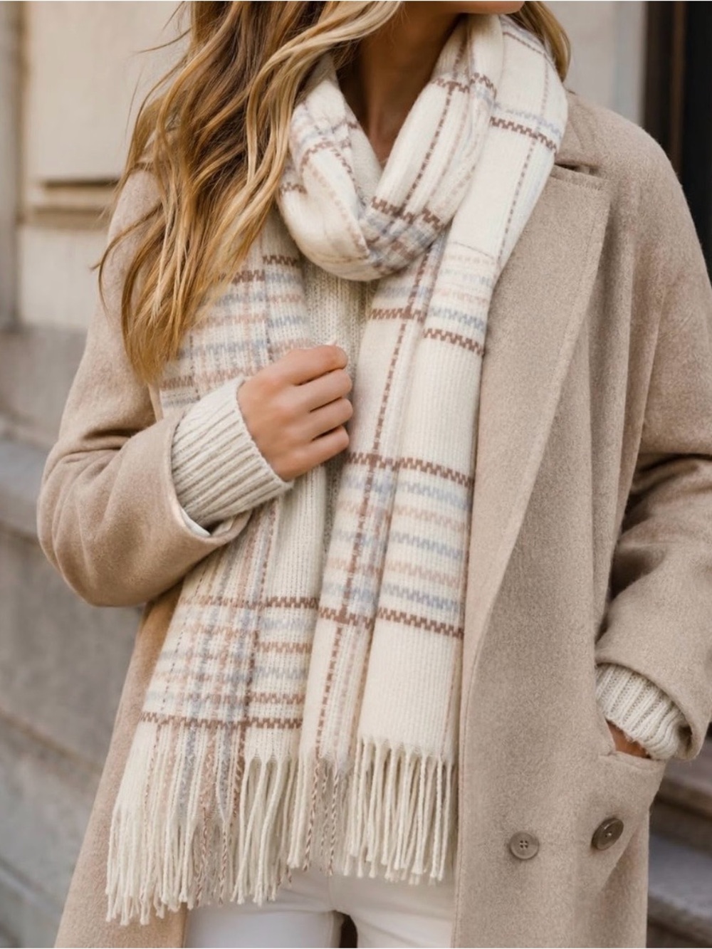 Cozy Ivory Plaid Fringe Scarf - Women's Accessories NWOT